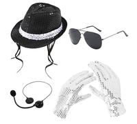 4 Pcs MJ Costume Accessories, 80s Pop Star Costume Accessories, Dancer Rocker Fancy Dress, Jazz Sequin Hat Glove Head Microphone Sunglasses, Black White Polyester Cosplay Set for Halloween Masquerade