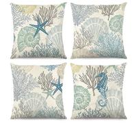 4 PCS Nautical Coastal Pillow Covers - Maritime Images Pillow Set for Sofa Beach Chair Accessories Shells Beach Pillowcase 45x45 Set Beach Decoration Outdoor String Lights Maritime Decor Pillows