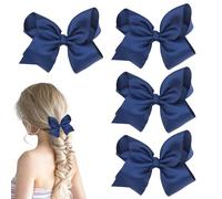 4 Pcs Navy Blue Hair Bow, Ribbon Bow Hair Clips French Solid Bowknot Satin Silky Princess, Navy Hair Accessories, School Cheerleader Barrettes Ponytail Barrette for Toddler Teens Women Girls