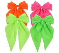 4 Pcs Neon Bows With Long Tails Neon Hair Accessories For Women | Large Fluorescent Big Bow Hair Clips Yellow Pink Green Orange 80s 90s Disco Parties Hair-Bow Barrettes Vibrant For Girls