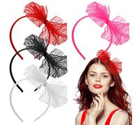 4 PCS Neon Lace Bow Headband,1980s Elastic Cosplay Hair Hoop Large Bowknot Lace Headband 80s Hair Accessories for Theme Party Women Girls Christmas Part Daily Decoration