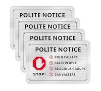 4 PCS No Cold Callers Sign for Front Door, No Cold Callers Sticker, 15x10cm Aluminium, No Canvassers, No Sales People Sign for Front Door, Self-Adhesive with 4 Pre-Drilled Holes