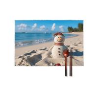 4 PCS Non-Slip Heat Resistant Washable Sand Snowman on Beach Printed Placemats & Coasters Set - Cotton Braided Woven Table Mats for Dining Kitchen