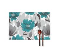4 PCS Non-Slip Heat Resistant Washable Teal Grey And White Floral1 Printed Placemats & Coasters Set - Cotton Braided Woven Table Mats for Dining Kitchen