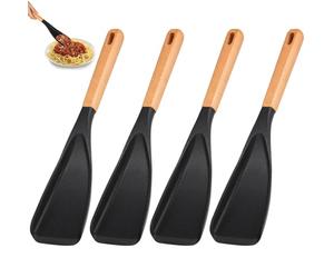 4 PCS Nonstick Cooking Spoon with Wood Handle, Silicone Salad Spoon, Hanging Cookware, Black Silicone Utensil for Mixing Scooping Serving