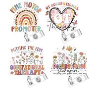 4 Pcs Occupational Therapy Badge Reel, Leopard Print Rainbow OT Heart Floral Design ID Badge Holder Retractable with Clip, Occupational Therapist Gifts