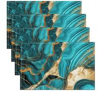 4 PCS of Teal Marble Placemats 12x18, Gold Crack Non Slip Place Mats, Abstract Metallic Texture Table Mats for Dining Table, Luxury Shinny Boho Hippie Fluid Placemats