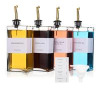 4 Pcs Olive Oil and Vinegar Dispenser Set, Glass Bottles with Golden Nozzles, 500 ml Capacity, Includes 36 Labels and Funnel for Precise Pouring and Easy Identification