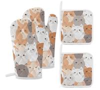 4 Pcs Orange Cats Oven Mitt and Pot Holder Set, Heat Resistant Long Oven Gloves & Hot Pads with Hanging Loop for Cooking Baking BBQ, Ideal Kitchen Gift for Cooks Bakers