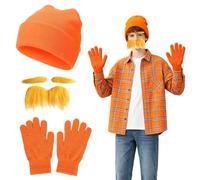4 Pcs Orange Costumes for Halloween, Orange Fancy Dress Costumes for Women with Hat Yellow Stick on Eyebrows and Mustache Gloves, Funny Cosplay Accessories for Halloween Christmas World Book Day Party