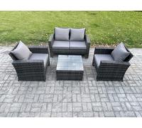 4 PCS Outdoor Lounge Sofa Set Wicker PE Rattan Garden Furniture Set with Armchair Squar Coffee Table Fimous Dark Grey One Size