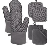 4 Pcs Oven Mitts and Pot Holders,High Heat 500°F Resistant Glove Potholder with Thick Cotton,Silicone Non-Slip Surface Long Kitchen Oven Glove for Cooking Baking Grilling(Grey)
