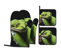 4 pcs Oven Mitts and Pot Holders Set 500°F Heat Resistant Oven Gloves and Hot Pads Kitchen Mittens Cute Green Tree Python Cooking Gloves Potholders for Baking Grilling