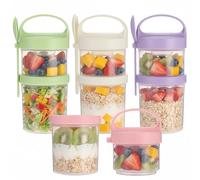 4 Pcs Overnight Oats Containers with Lids, Dual Layer Plastic Salad Cup Set with Spoon and Topping Bowl, Leakproof Portable Yogurt Dessert Cups for Oatmeal, Chia Pudding, Cereal, Salad