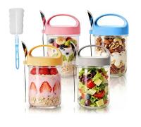4 PCS Overnight Oats Jars, Overnight Oats Container with Lid Spoon & Brush, 14oz Large Capacity Glass Jars Breakfast Cereal Cups Reusable Yogurt Pot for Oats, Salads, Cereal, School, Office, Travel