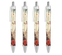 4 PCS Pack Retractable Black Ballpoint Pens for Smooth Writing 0.5mm Fine Point Fineliner Refillable Quick Dry Gel Ink Paris Vintage Floral Rollerball Pens Comfort Grip for Journaling Note Taking