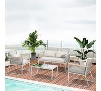 Outsunny 4pc Patio Wicker Sofa Set w/ Cushions, Pillows and Tempered Glass Table - Grey, Grey