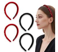 4 PCS Pearl Velvet Headband Black Head Bands Fashion Red Headdress Vintage Turban Non Slip Soft Thick Padded Hair Hoops No Teeth Headwear Grace Hair Accessories for Women Girls Hairstyle Decoration