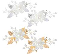 4 PCS Pearls Flower Hair Clips Bridal White Floral Silver Leaf Vine Hair Pieces Silver Pearl Hair Clip White Flower Hair Piece Crystal Hair Pins Leaf Floral Bridal Hair Accessories for Women Girls