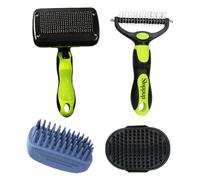 4 PCS Pet Hair Grooming Kit - Slicker Brush, Dematting Comb, Bath Brushes for Long & Short Hair Dogs and Cats (Green Black)