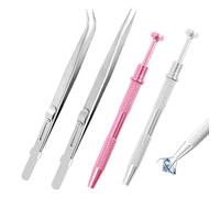 4 Pcs Piercing Ball Grabber Tool Set, Jewelry Pick Up Tool, Diamond Tweezers, Elbow Tweezers, Self-Locking Tweezer for Grabbing Small Parts, IC Chip, Electronic Components