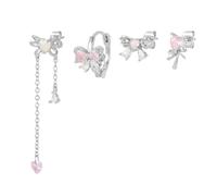 4 PCs Pink Bow Stud Earrings for Women Bow Knot Studs Love Heart Charms Tassel Drop Dangle Earring Sweet Love Dangly Teardrop Hoop Jewelry for Sister