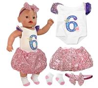 4 Pcs Pink Dolls Clothes Compatible with New Born Baby 35-45 cm Doll, Numbered Pattern Baby Doll Clothes with Short-sleeved Tutu Dress Hairband Socks, Doll Clothes Outfits for 14-17 Inch Doll