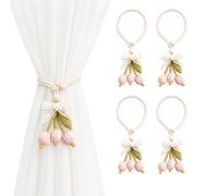 4 PCs Pink Floral Curtain Tiebacks Hand Knitting Adjustable Wooden Beads