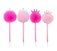 4 PCS Pink Fluffy Pen Crown Scepter Pom Pom Ballpoint Pens, Fluffy Ball Pens Cute Novelty Funky Fun Plush Pens Pastel Writing Pens School Supplies for Women Girls for Party and Office (Pink)