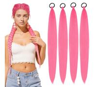 4 PCS Pink Hair Extensions Braids Extensions Hair Pink Braiding Hairs with Elastic Tie Easy to Use Soft Comfortable for Women Girls Stage Party Halloween Costume Cosplay Party Festival