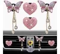 4 Pcs Pink Heart & Butterfly Pandent Air Vent Clips, Bling Heart Air Fresheners Vents Clips Diamond Car Interior Decor Cute Car Accessories + Sunflower Mask Hook