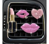 4 Pcs Pink Lips Air Vent Clips, Sexy Lips Kiss Heart Shape Car Air Fresheners for Women Charms Rhinestone Diffuser Vent Clip Cute Car Decor Bling Inte