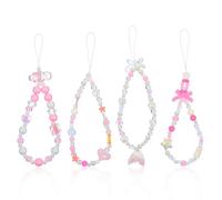 4 PCS Pink Phone Charm 4 Styles Beaded Strap Aesthetic Y2K Cell Keychain Pink Heart Cloud Butterfly Star Mermaid Tail Cool Charms for Bracelet Wallet Bag Camera Pendants Kawaii Decor