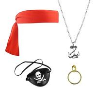 4 Pcs Pirate Costume Accessories Set, Included Black Pirate Eye Patch, Red Pirate Bandana, Pirate Necklace and Pirate Gold Hoop Earring for Halloween Pirate Party Cosplay Captain Dress up Supplies