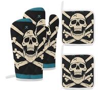 4 Pcs Pirate Flag Skull Oven Mitt and Pot Holder Set, Heat Resistant Long Oven Gloves & Hot Pads with Hanging Loop for Cooking Baking BBQ, Ideal Kitchen Gift for Cooks Bakers