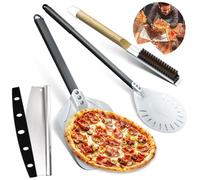 4-Pcs Pizza Oven Set, 12"& 9" Perforated Peel, Splitting Tool & Brass Brush | Lightweight Aluminium Pizza Peel with Non-Stick Surface, Easy Transfer & Crispier Crusts, Family Pizza Nights & Outdoor Ovens