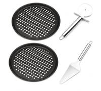 4 PCS Pizza Tray Set, Include Free Stainless Steel Cutter Roller & Cake Slice,Pizza Trays for Oven, 12.4 Inch Perforated Round Pizza-Pan,for Home, Kitchen Carbon Steel Non-Stick, Dishwasher Safe
