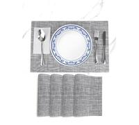 4 Pcs Place-mats, Place Mats for Kitchen Dining Table, Heat-Resistant Anti-Skid Stain Washable PVC Table Mats, Easy to Cleaning Woven Vinyl Dinner Mats, Linen Grey