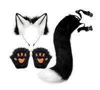 4 Pcs Plush Ears and Tail Set Anime Cosplay Gloves for Dance Women Carnival white black
