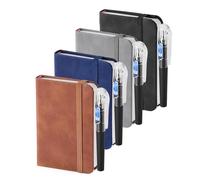 4 Pcs Pocket Notebook Small Note Pads, Pocket Notebook with 4 Pcs Pen, A7 Notebook 11.1 x 7.5 cm, Tiny Notebook with Elasticated Closure, PU Leather Pocket Book for School Business Work Meetings