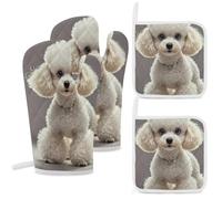 4 Pcs Poodle Oven Mitt and Pot Holder Set, Heat Resistant Long Oven Gloves & Hot Pads with Hanging Loop for Cooking Baking BBQ, Ideal Kitchen Gift for Cooks Bakers