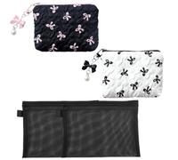 4 Pcs Portable Small with Zippers Mesh Pouch，Folded Embossed Texture and Bow Design Mini Travel Pouch, Mesh Toiletry Bag with Zip for Daily Outings & Home Storage （ Black and White）