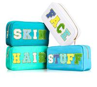 4 Pcs Preppy Makeup Bag Chenille Letter Nylon Cosmetic Bag Makeup Organizer Bag Toiletry Cosmetic Case Preppy Bag with Zipper Stuff Bag Cosmetic Pouch Makeup Pouch for Women Teen Girl, Bright Colors