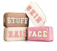 4 Pcs Preppy Nylon Makeup Bag With Chenille Letter - Toiletry Cosmetic Organizer Case With Zipper Stuff Pouch for Women Teen Girl, Multi Colors