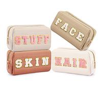 4 Pcs Preppy Patch Makeup Bag Corduroy Cosmetic Bag Makeup Accessories Skincare Pouch Chenille Letter Portable Zipper Face Pouch Cute Toiletry for Women Travel, Pink Brown Series Color