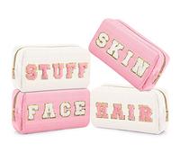 4 Pcs Preppy Patch Makeup Bag Corduroy Cosmetic Bag Makeup Accessories Skincare Pouch Chenille Letter Portable Zipper Face Pouch Cute Toiletry for Women Travel, Pink White Series Color