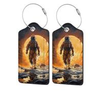 4 Pcs PU Leather Luggage Tags for Suitcase,Astronaut in The Sun Baggage Tag with Stainless Steel Loop, Privacy Cover ID Label for Women Men