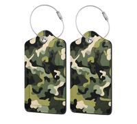 4 Pcs PU Leather Luggage Tags for Suitcase,Green Camouflage in Abstract Hunter Theme, Baggage Tag with Stainless Steel Loop, Privacy Cover ID Label for Women Men