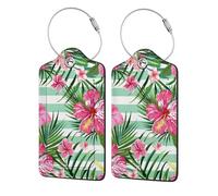 4 Pcs PU Leather Luggage Tags for Suitcase,Tropical Leaves Exotic Floral Flower Stripe Print Baggage Tag with Stainless Steel Loop, Privacy Cover ID Label for Women Men