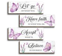 4 Pcs Purple Butterfly Modern Floral Wooden Office Wall Decor, Inspirational Saying with Accept-Let go-Have faith-Believe Wood Sign Hanging Motivational Wall Plaques for Office Living Room Bathroom